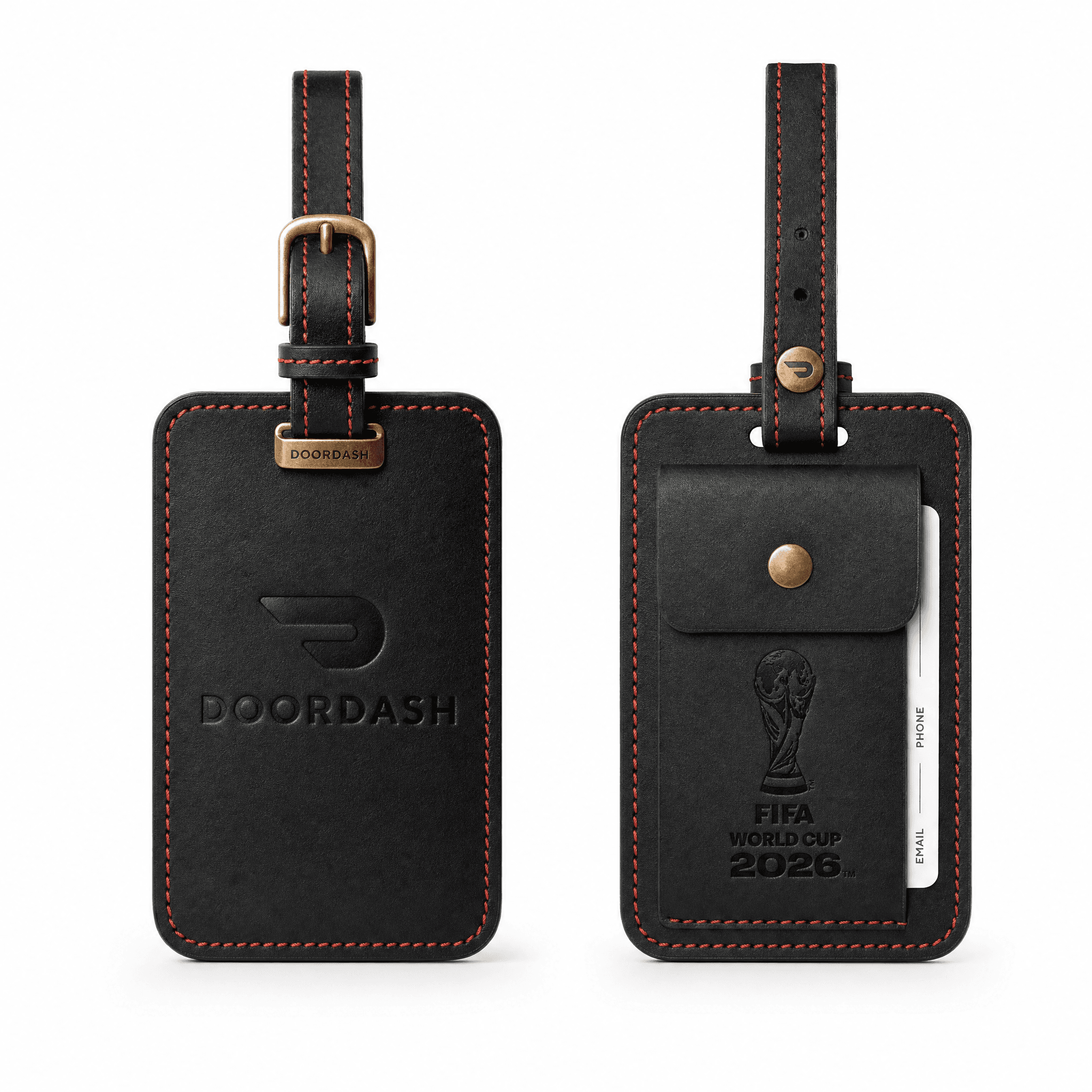 Custom leather luggage tag created for DoorDash travel kits, employee gifts, and global event hospitality.