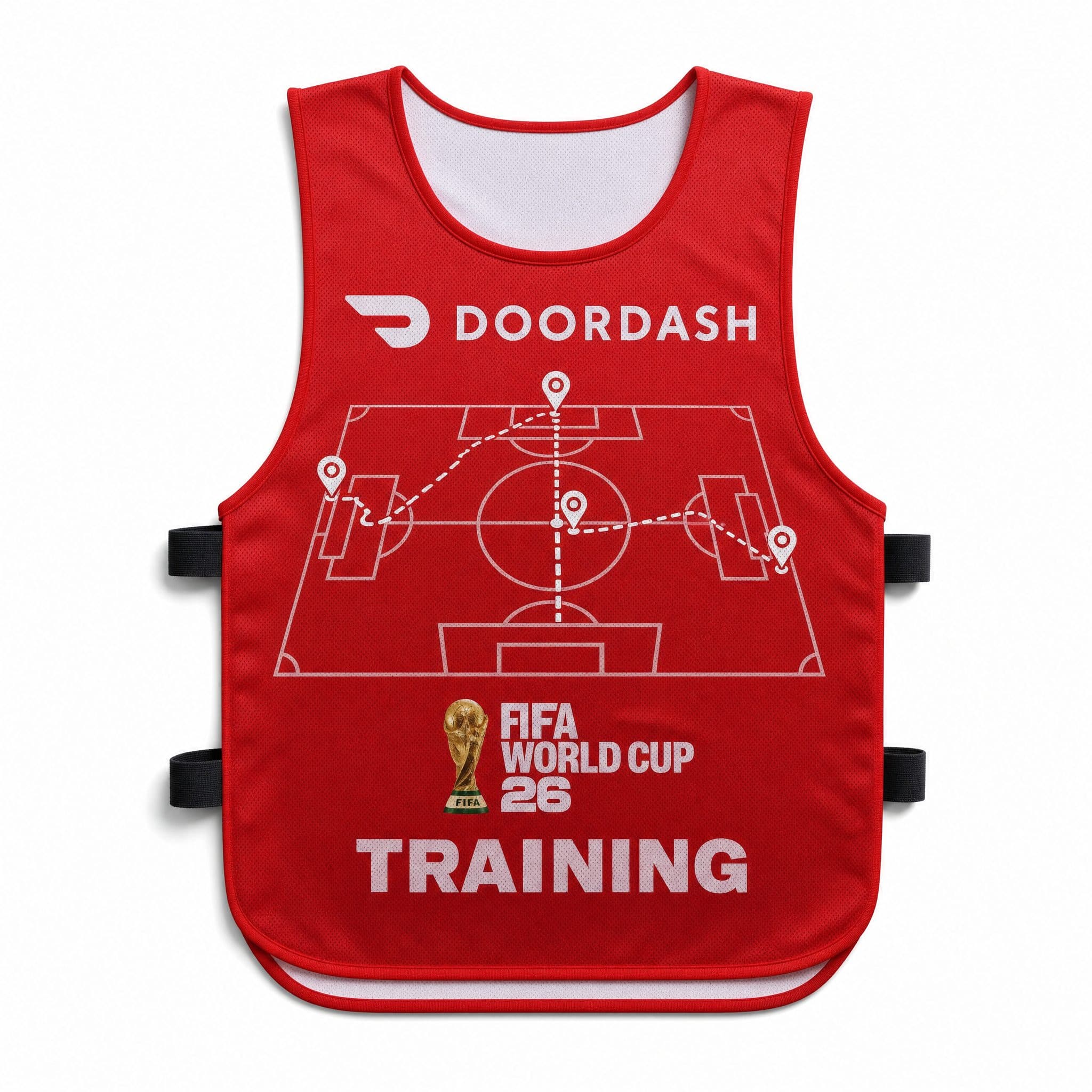 Lightweight DoorDash players bib created for soccer training sessions and promotional sporting events.