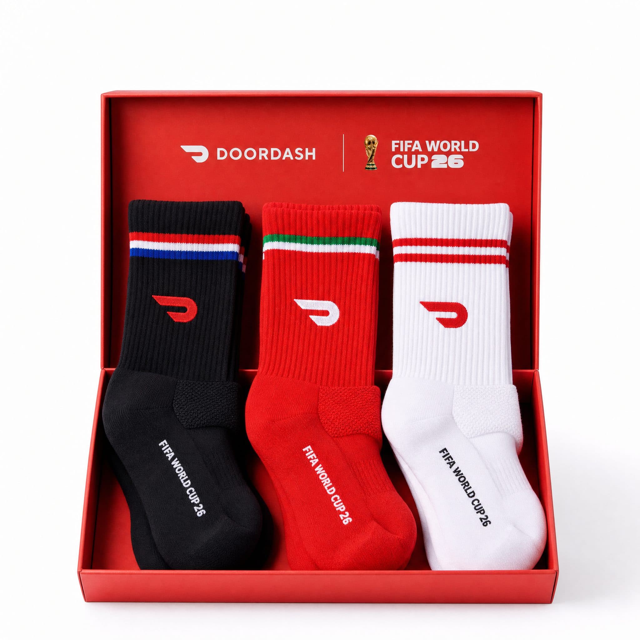 DoorDash athletic crew socks with custom woven details created for match day merchandise.